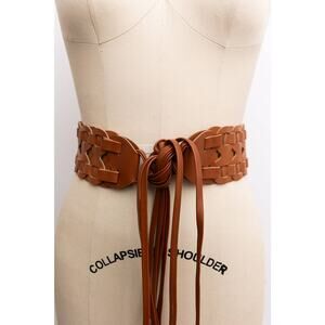 Wide Woven Vegan Leather Belt - Camel Brown Tie-Up Waist Belt